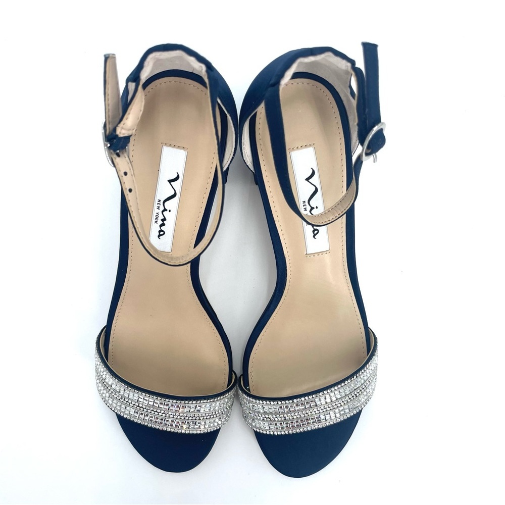 NINA WOMENS NAVY SUEDETTE CRYSTAL BLOCK MID-HEEL ANKLE STRAP DRESS SANDAL NIB! - Picture 8 of 15